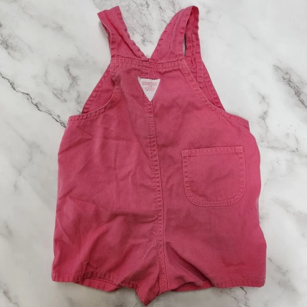 Vintage Oshkosh Baby Pink Flower 100% Cotton Denim Overalls Shorts Girls 12M XL